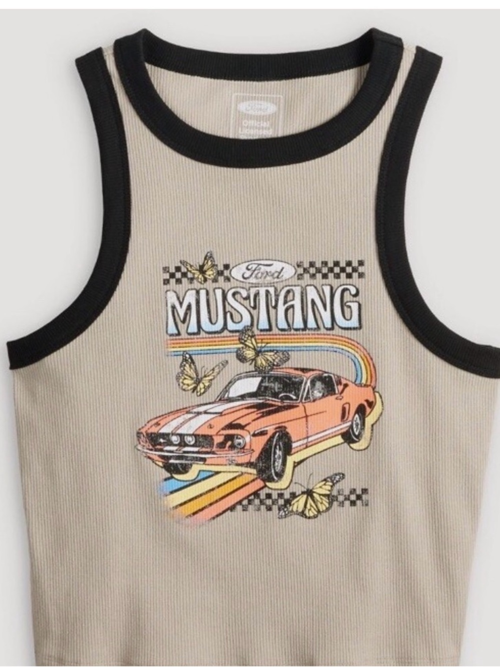 Ford Beige Tank Top with Orange Mustang Graphic and Black Trim XS